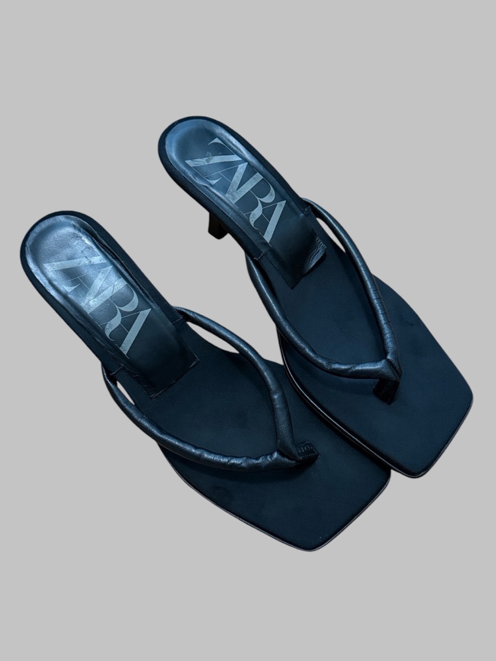 Zara Black Square-Toe Low Kitten Heel Sandals